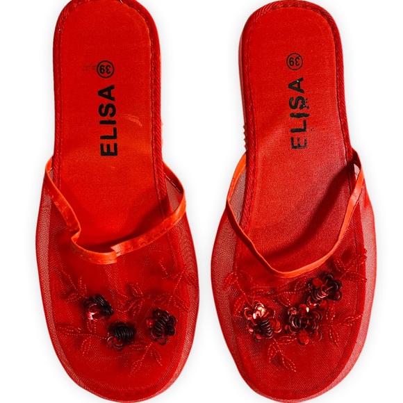 Vintage Sequin Mesh Slides Chinese Beaded Slippers with Floral Embellishments - Picture 5 of 7